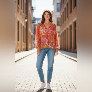 Fate Women's Vibrant Pink and Orange peasant blouse.  Size medium